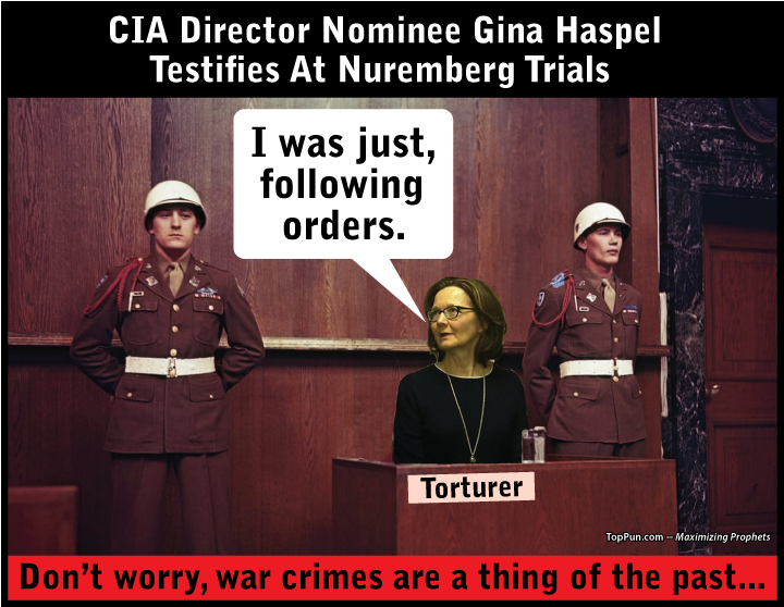 FREE POLITICAL POSTER: CIA Director Nominee Gina Haspel Tortuously Testifies At Nuremberg War Crimes Trials