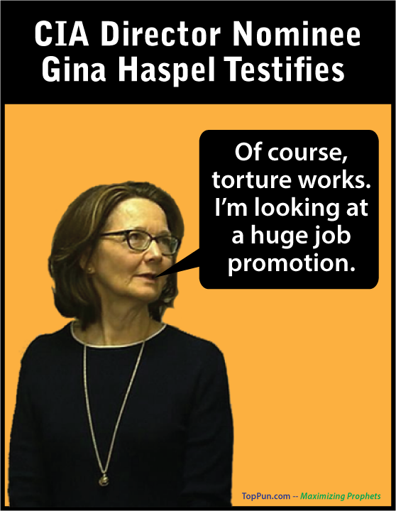 FREE POLITICAL POSTER: CIA Director Nominee Gina Haspel Tortuously Testifies - Of Course Torture Works, I Am Looking at a Huge Job Promotion