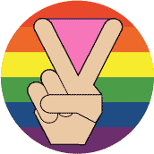 Pink Triangle Rainbow Background Peace Hand--BUTTON