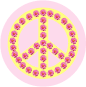 PEACE SYMBOL: Peace Sign Flower Power Dahlia yellow on pink--BUTTON