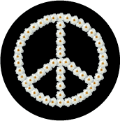 PEACE SYMBOL: Peace Sign Flower Power White Roses on Black--BUTTON