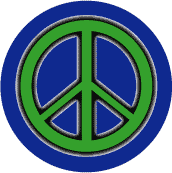 Neon Glow Green PEACE SIGN with Black Border Blue Background--BUTTON
