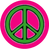 Neon Glow Green PEACE SIGN with Black Border Pink Background--BUTTON