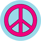 Pink PEACE SIGN on Light Blue Background--BUTTON