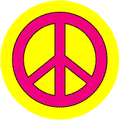 Pink PEACE SIGN on Yellow Background--BUTTON