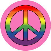Rainbow PEACE SIGN with Pink Background--BUTTON