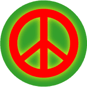 Glow Light Red PEACE SIGN on Green Background--BUTTON