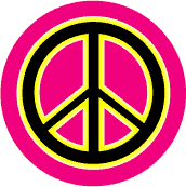 Neon Glow Black PEACE SIGN with Yellow Border Pink Background--BUTTON