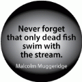 Never forget that only dead fish swim with the stream. Malcolm Muggeridge quote POLITICAL BUTTON