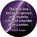The thin line between genius and insanity is less of a border than a union. Stuart Hayes quote SPIRITUAL BUTTON