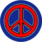 Neon Glow Red PEACE SIGN with Black Border Blue Background--BUTTON